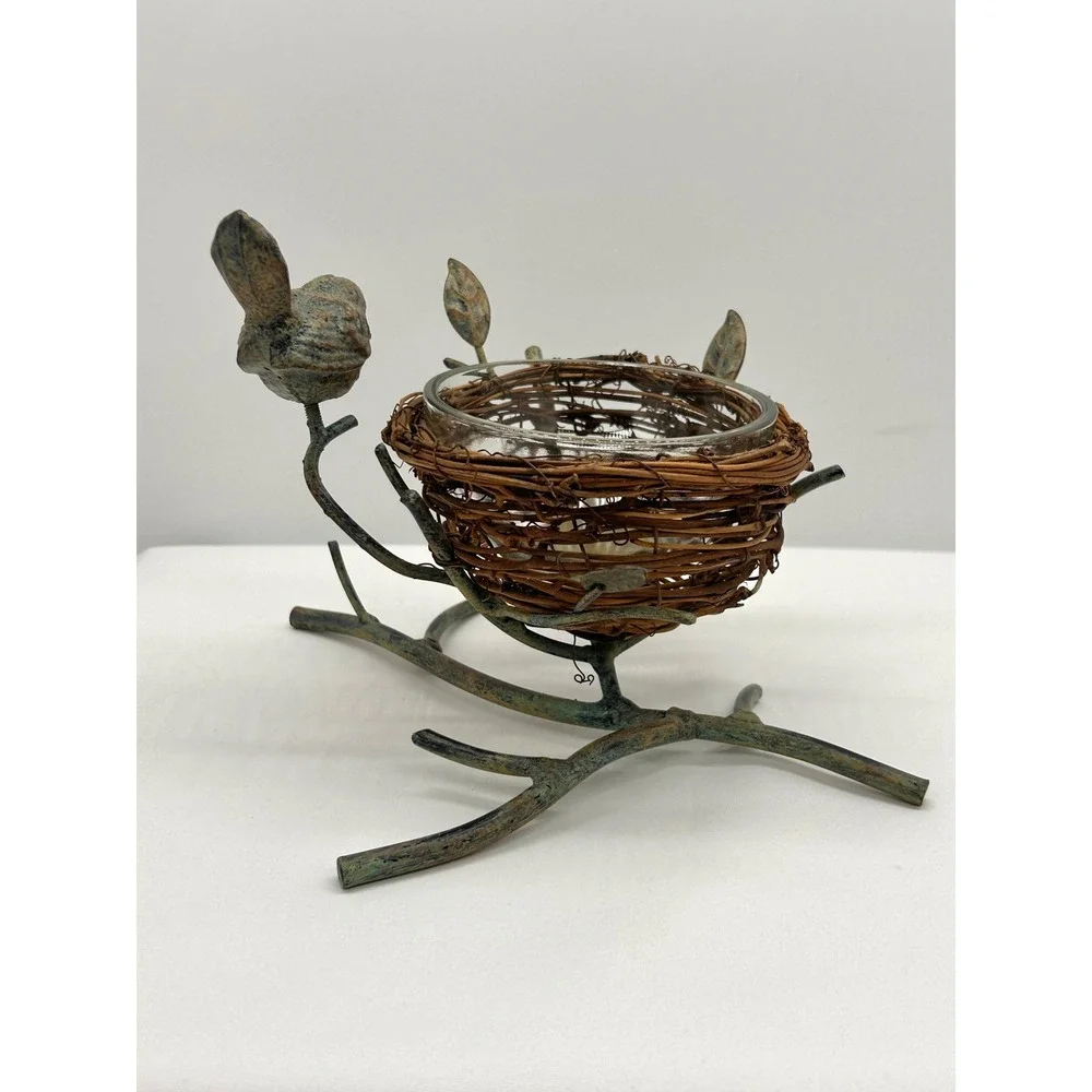 Rustic Bird Nest Tea Light Candle Holder Verdigris Metal Branch Votive Decor